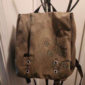 Canvas Floral-Print Backpack in Olive Green